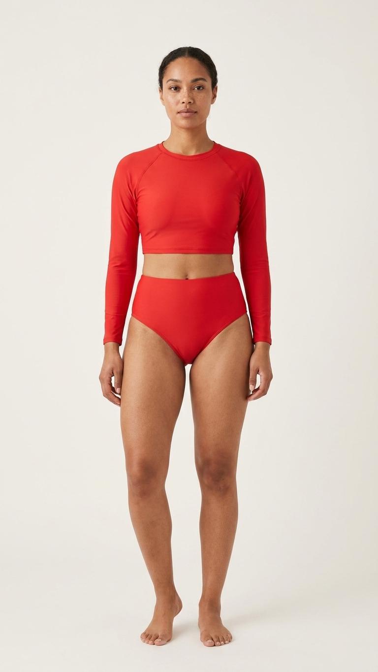 Sporty Long Sleeve Crop-Top Bikini High-Waist Surf Swimsuit, Trendy Retro Beachwear, Fiery Red