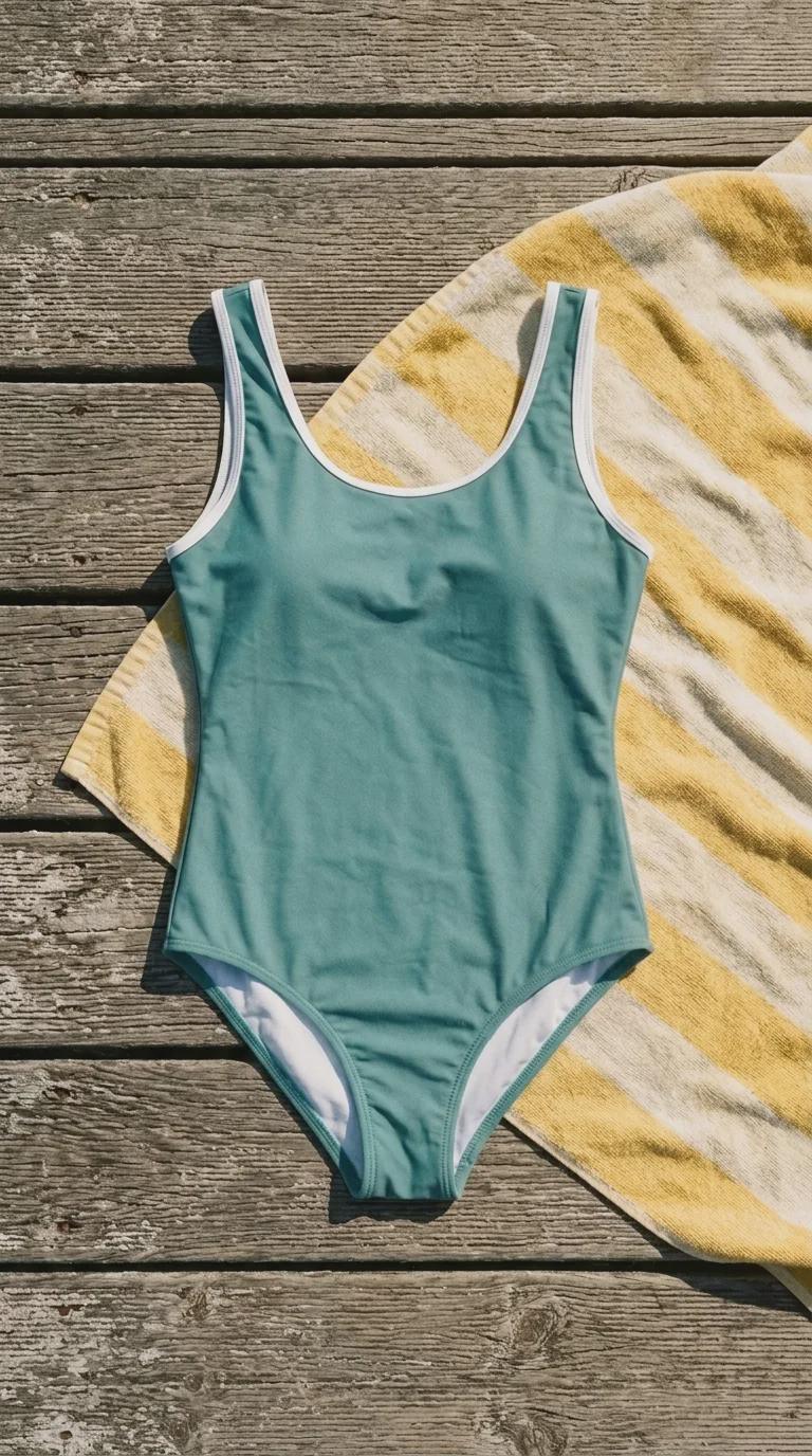 Retro Chic 70s-Inspired Vest-Style One-Piece Swimsuit with Contrasting Trim, Aqua Blue