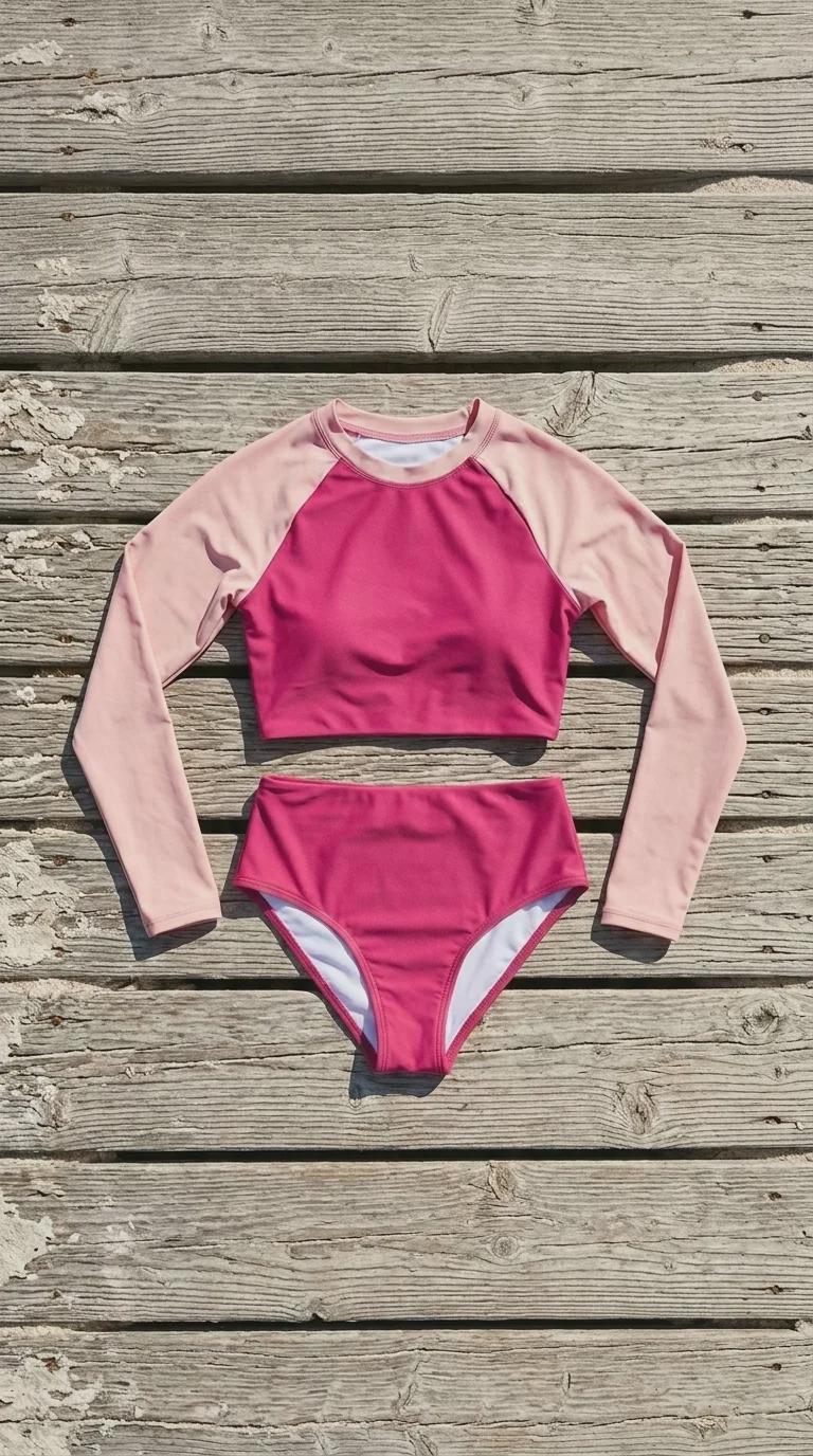 Vintage-Inspired Two-Tone Pink Two-Piece Swimsuit | Retro Surf Long-Sleeve Crop-Top | High-Waisted Bottoms