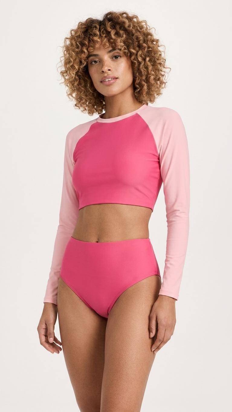 Vintage-Inspired Two-Tone Pink Two-Piece Swimsuit | Retro Surf Long-Sleeve Crop-Top | High-Waisted Bottoms