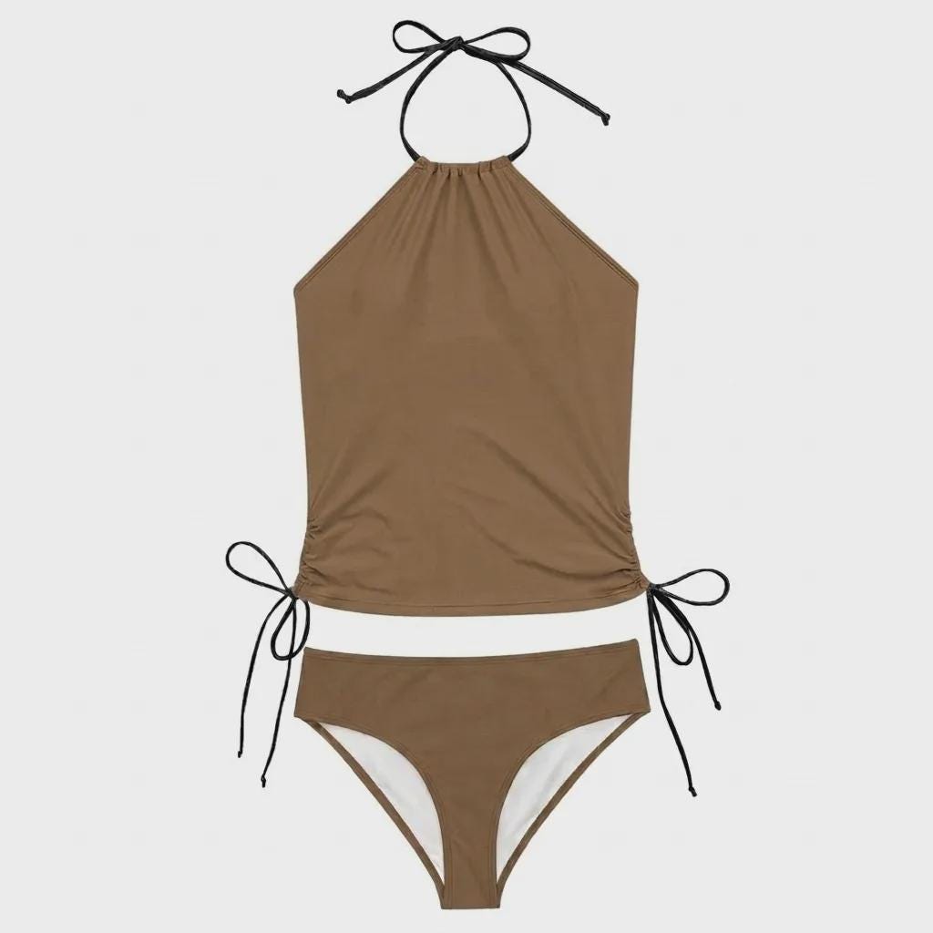 Halterneck Tankini Two-Piece Swimsuit – Side Drawstrings, Flattering & Comfortable – Brown
