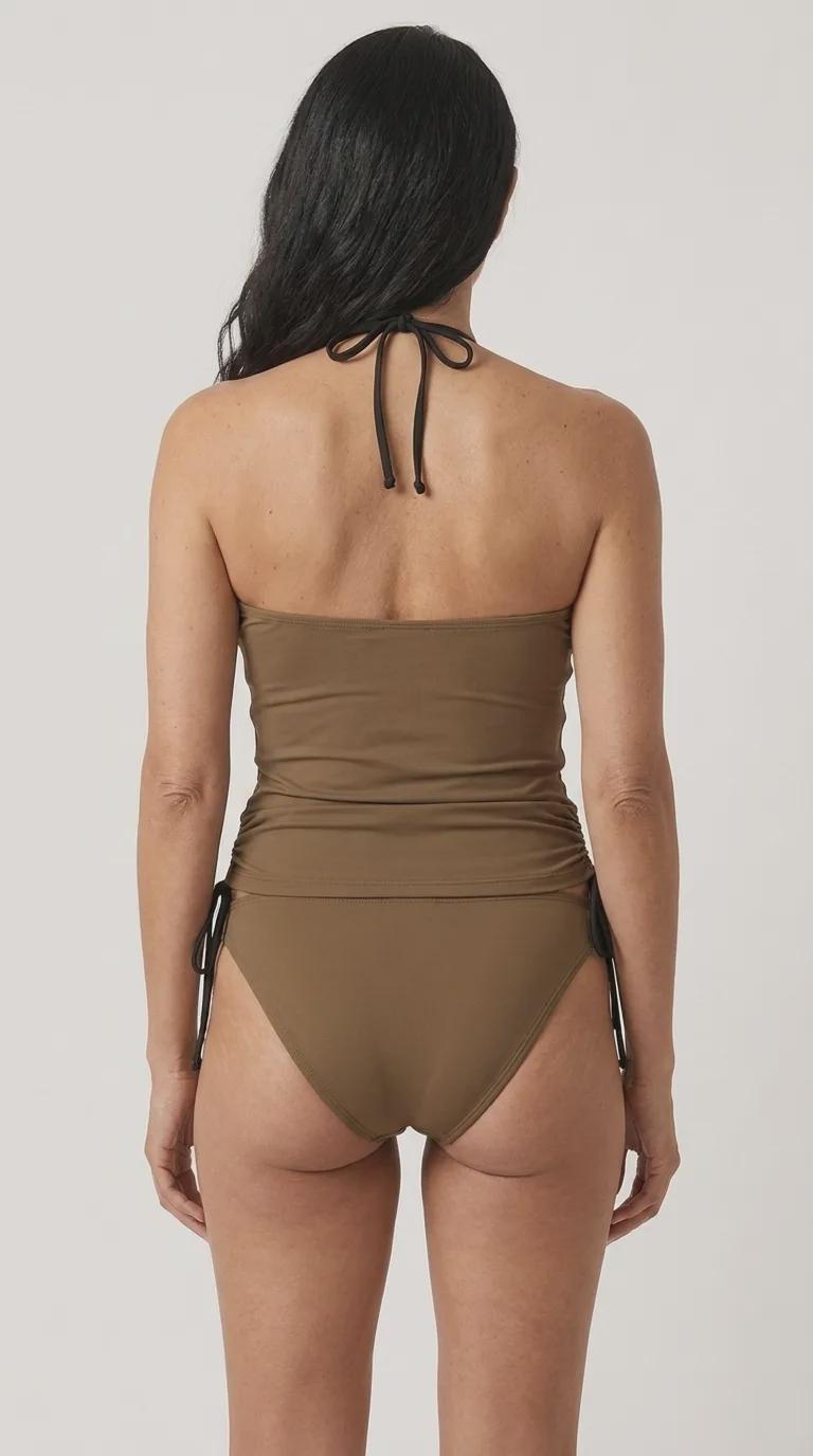 Halterneck Tankini Two-Piece Swimsuit – Side Drawstrings, Flattering & Comfortable – Brown