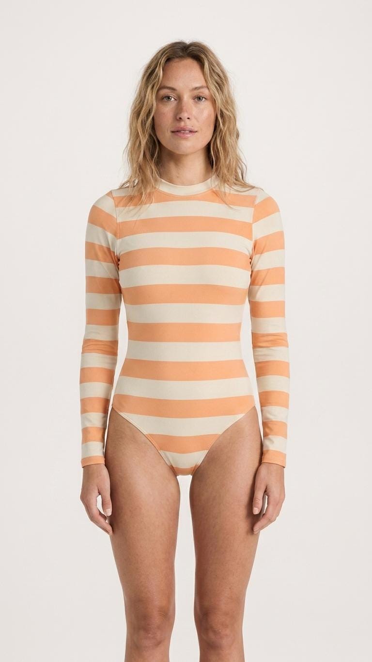 Retro Long-Sleeve One-Piece Swimsuit - Back Zipper - Lightweight & Sheer, Soft Chest Pads - Tangerine Orange Stripes