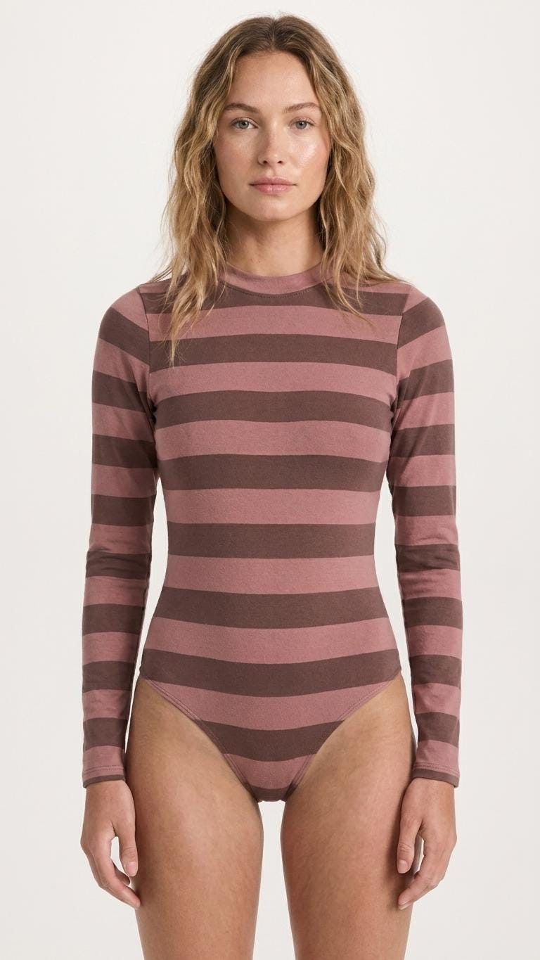 Retro Long-Sleeve One-Piece Swimsuit - Back Zipper - Lightweight & Sheer, Soft Chest Pads - Brown/Rose Stripes