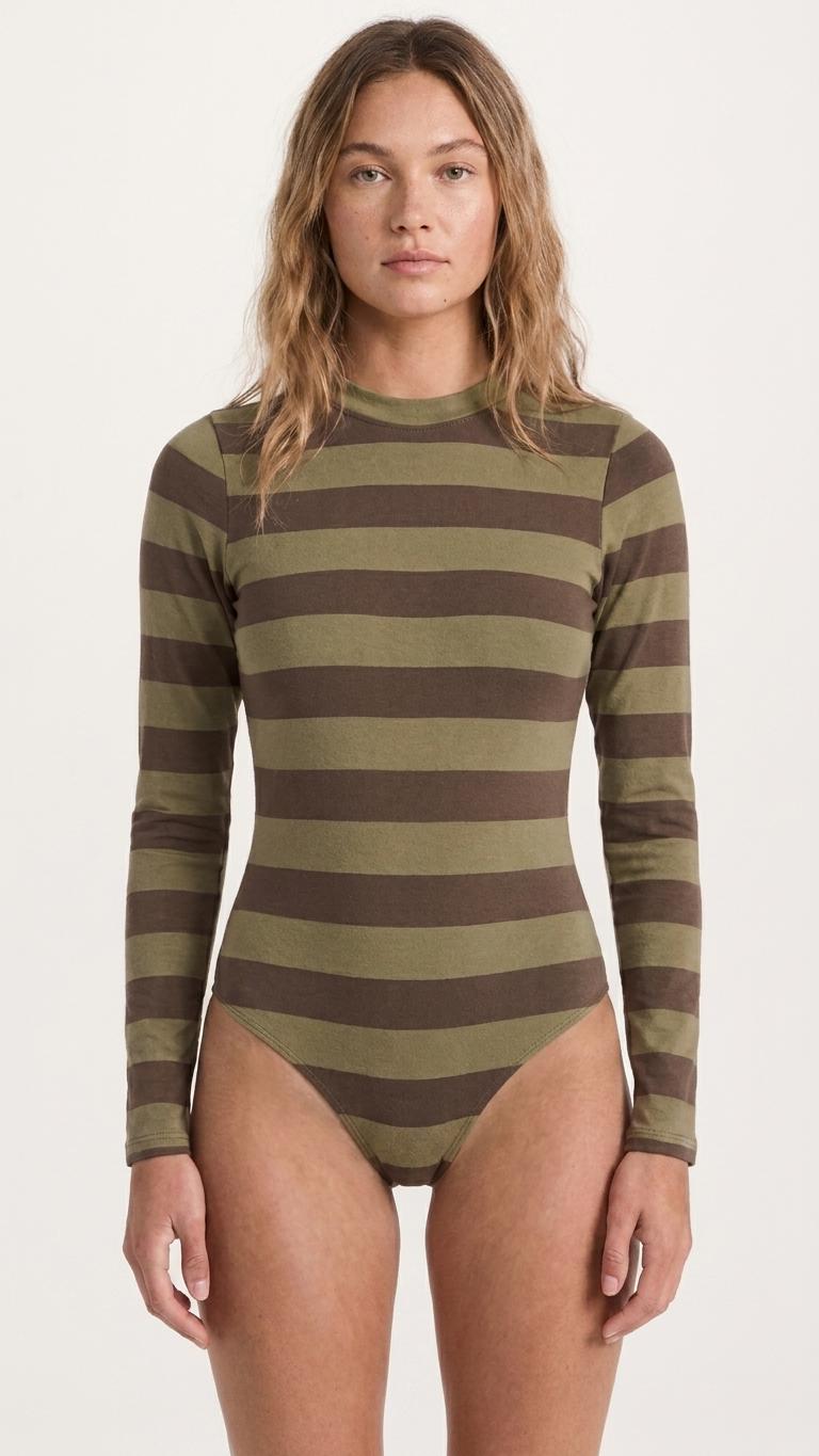 Retro Long-Sleeve One-Piece Swimsuit - Back Zipper - Lightweight & Sheer, Soft Chest Pads - Brown/Olive Stripes