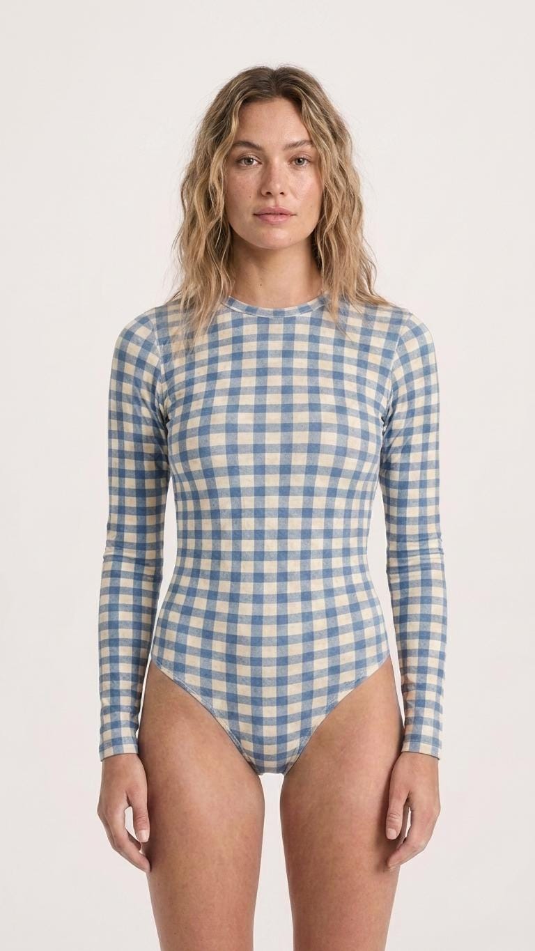 Retro Long-Sleeve One-Piece Swimsuit - Back Zipper - Lightweight & Sheer, Soft Chest Pads - Blue Gingham