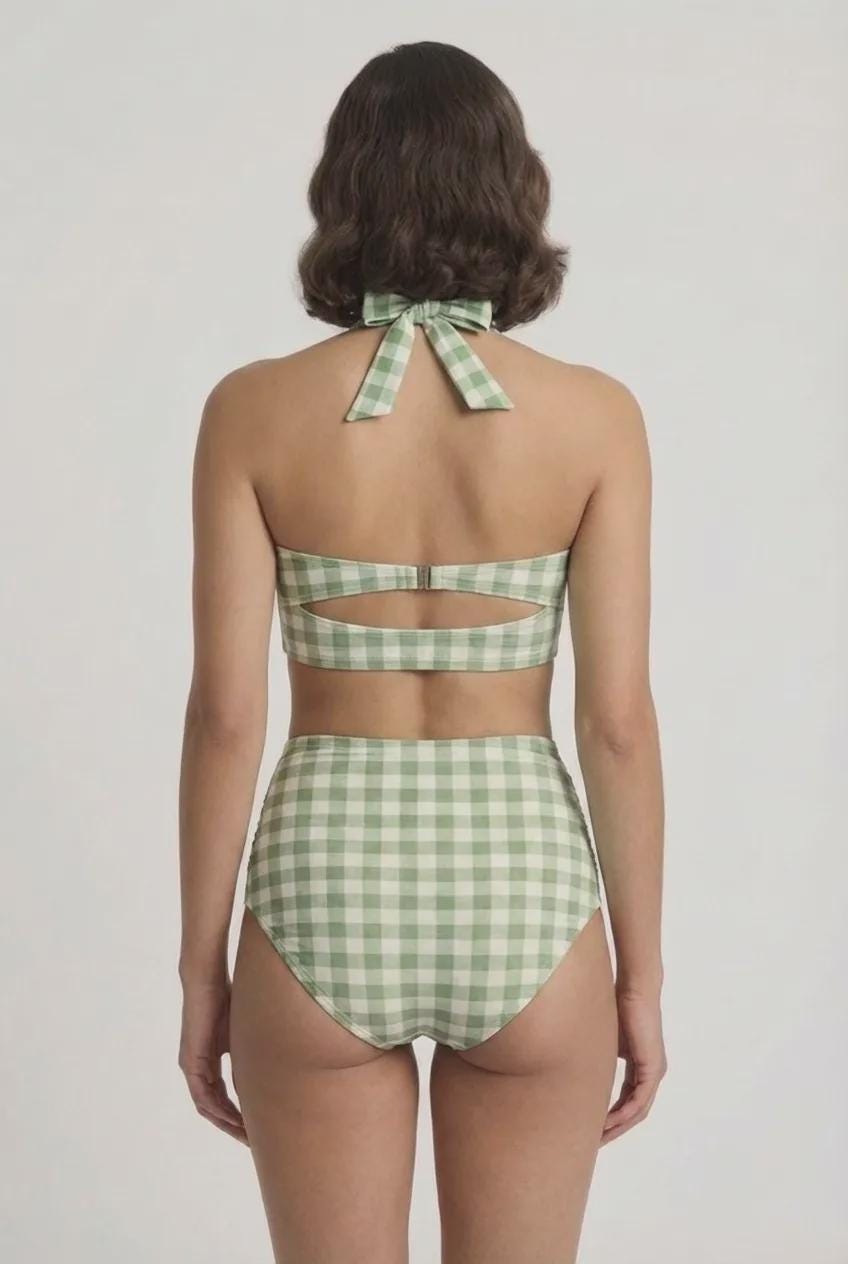 Coquette Vintage-Inspired High-Waist Bikini, Retro Pin Up 50s Green Gingham Chequered Two-Piece Swimsuit