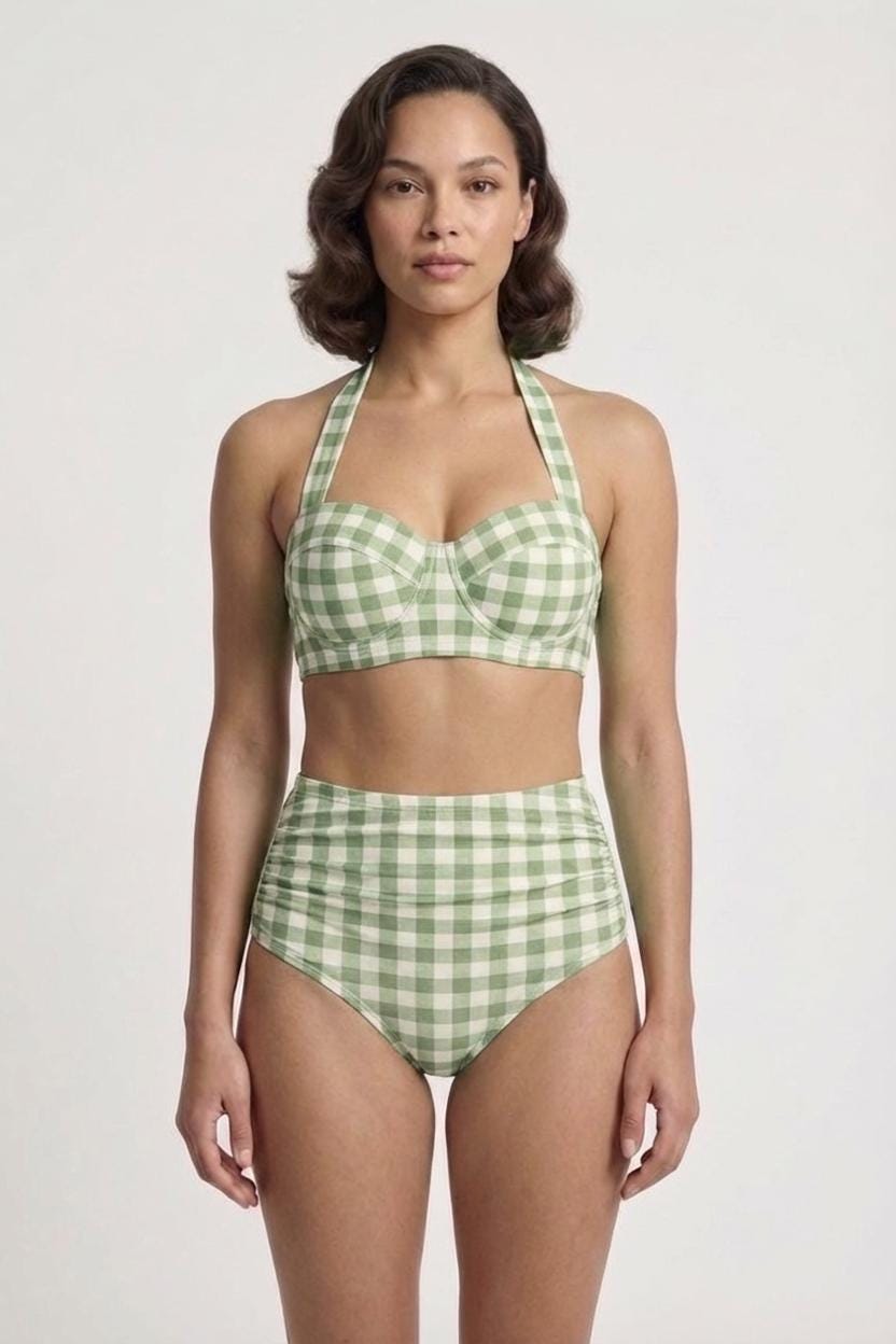 Coquette Vintage-Inspired High-Waist Bikini, Retro Pin Up 50s Green Gingham Chequered Two-Piece Swimsuit