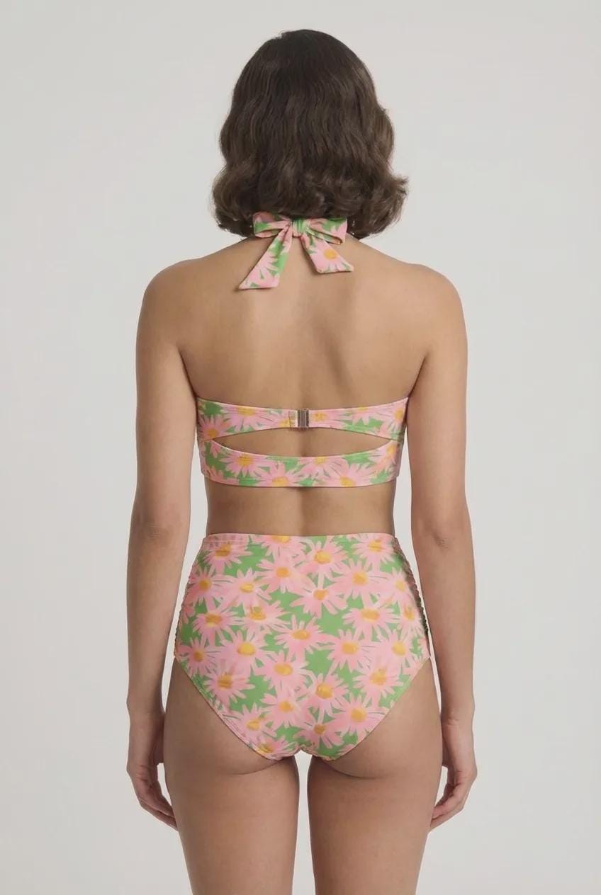 Retro Sweetheart High-Waist Bikini, Retro-Inspired Pin Up Halter Swimsuit, Pink & Green Florals