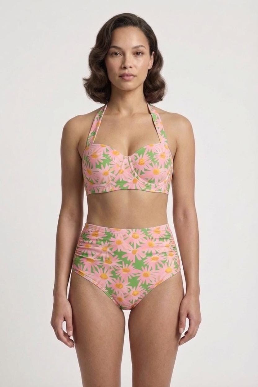 Retro Sweetheart High-Waist Bikini, Retro-Inspired Pin Up Halter Swimsuit, Pink & Green Florals