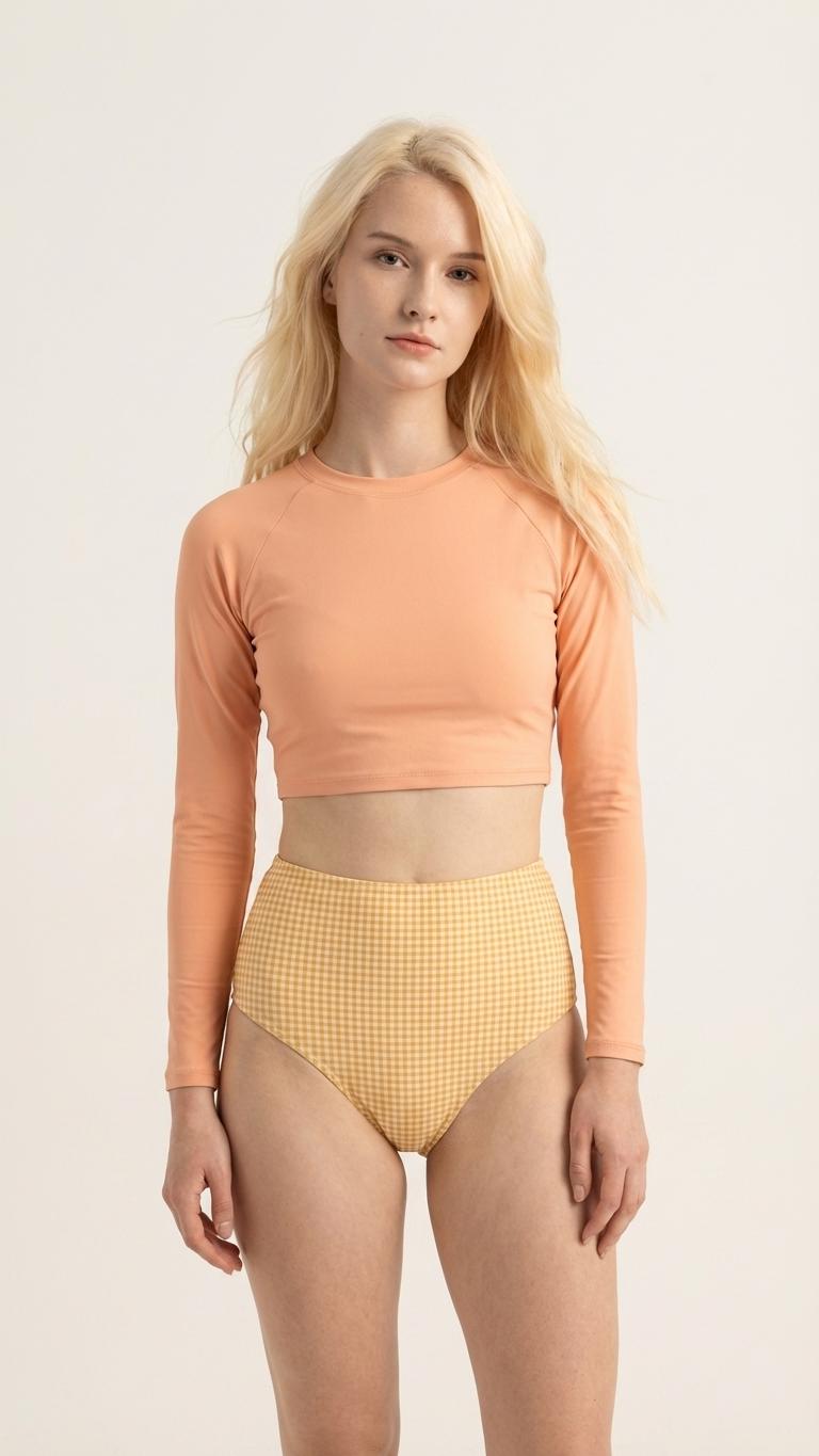 Retro Raglan Crop Top Bikini, High Waist Swimsuit, 70s Style, Salmon with Gingham