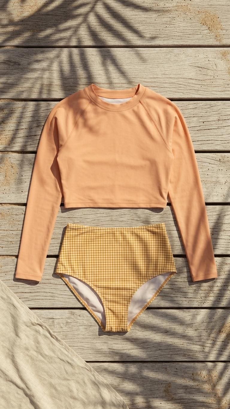Retro Raglan Crop Top Bikini, High Waist Swimsuit, 70s Style, Salmon with Gingham