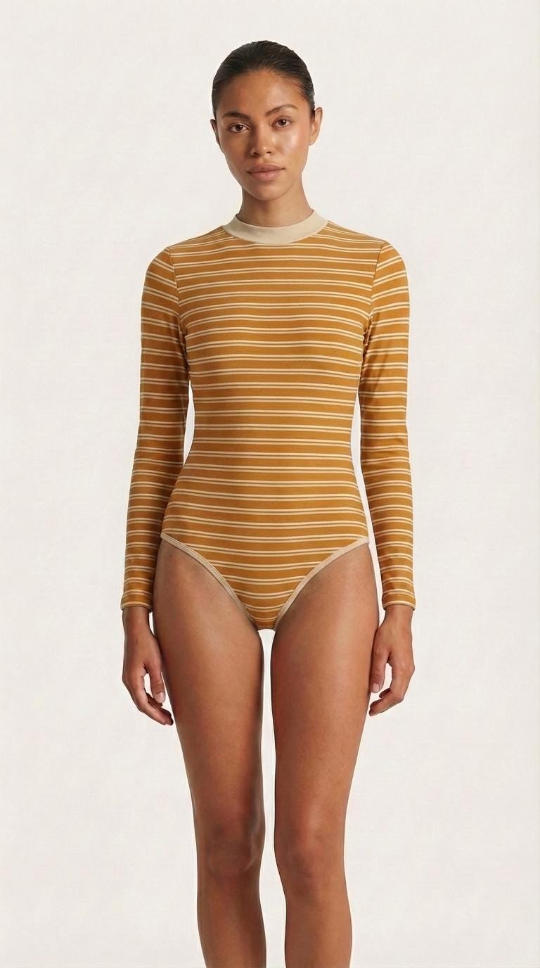 Retro Long-Sleeve One-Piece Swimsuit - Back Zipper - Lightweight - Soft Chest Pads - with Stripes
