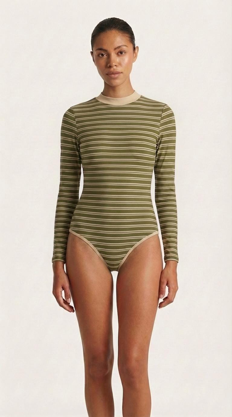 Retro Long-Sleeve One-Piece Swimsuit - Back Zipper - Lightweight - Soft Chest Pads - with Stripes