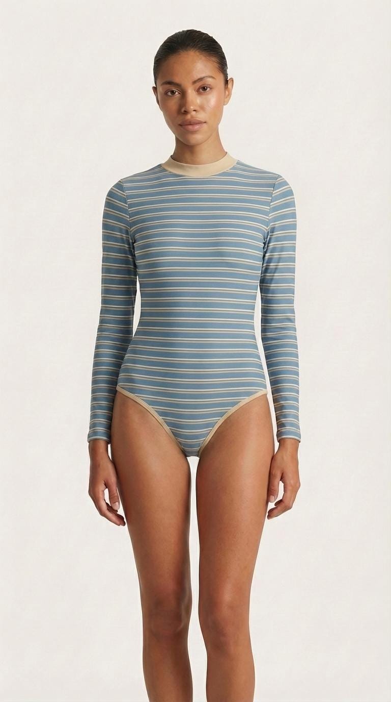 Retro Long-Sleeve One-Piece Swimsuit - Back Zipper - Lightweight - Soft Chest Pads - with Stripes