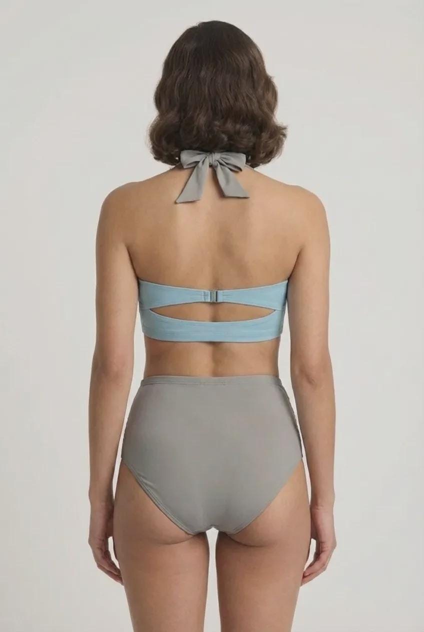 Retro Sweetheart High-Waist Bikini, 1960s-Inspired Pin Up Halter Swimsuit, Blue & Taupe