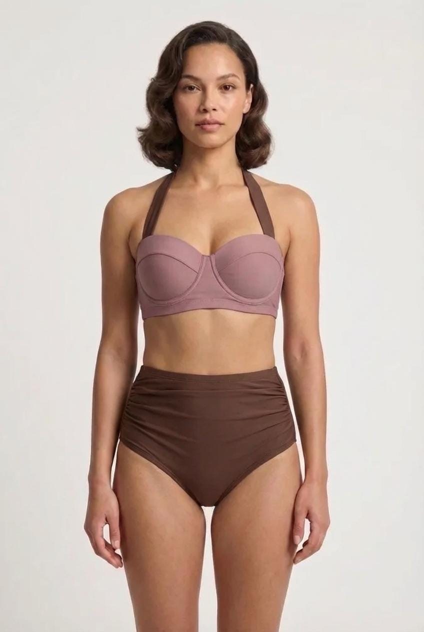 Retro Sweetheart High-Waist Bikini, 1960s-Inspired Pin Up Halter Swimsuit, Brown & Mauve