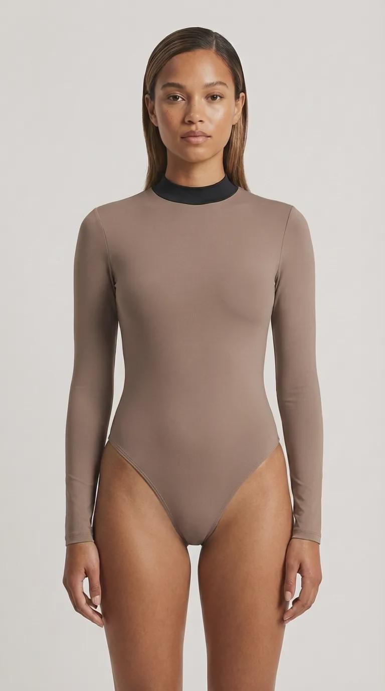 Black-Collar Long-Sleeve Swimsuit – Cut-Out Back & Thumbholes – High-Leg One-Piece – Goth Grunge Surf Swimwear – Removable Padding