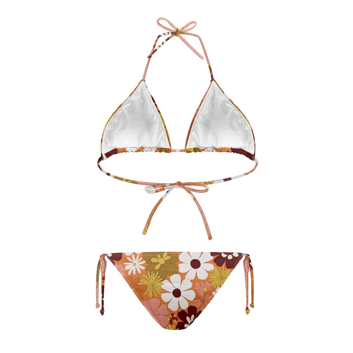 Groovy Retro Floral Triangle Bikini Swimsuit Set, Removable Pads, Halter String Tie-Up - Browns