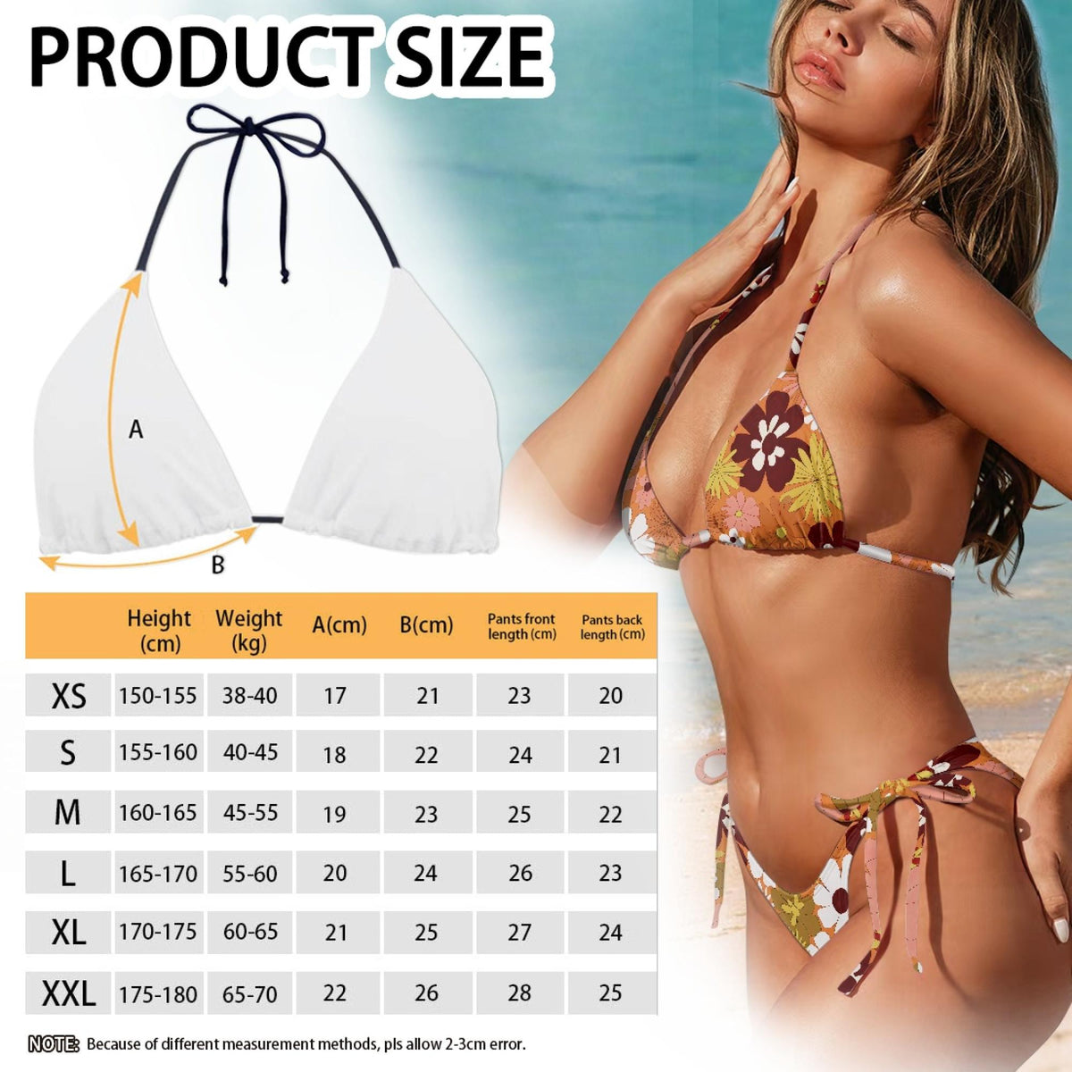 Groovy Retro Floral Triangle Bikini Swimsuit Set, Removable Pads, Halter String Tie-Up - Browns