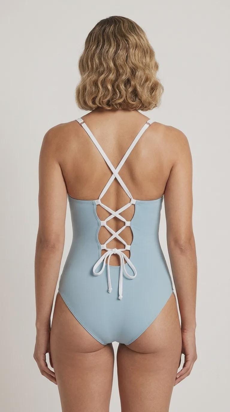 Retro Romantic Push-Up One-Piece Swimsuit with Lace-Up Back, Blue
