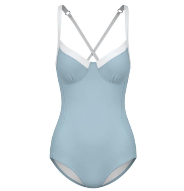 Retro Romantic Push-Up One-Piece Swimsuit with Lace-Up Back, Blue