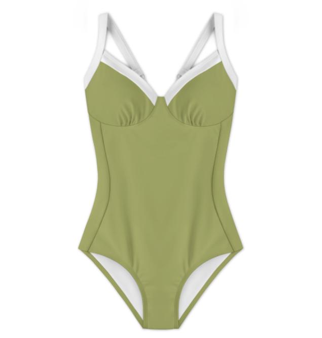 Retro Romantic Push-Up One-Piece Swimsuit with Lace-Up Back, Olive Green