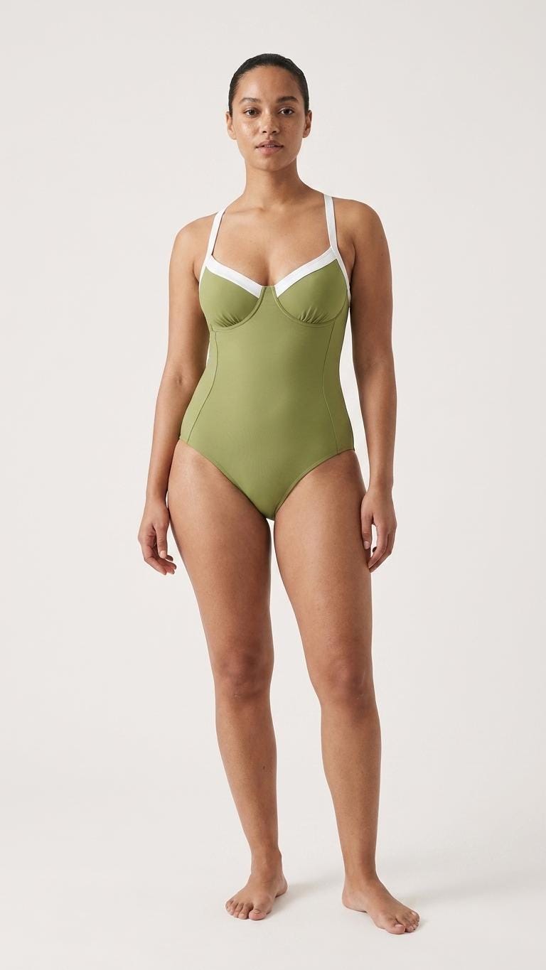 Retro Romantic Push-Up One-Piece Swimsuit with Lace-Up Back, Olive Green