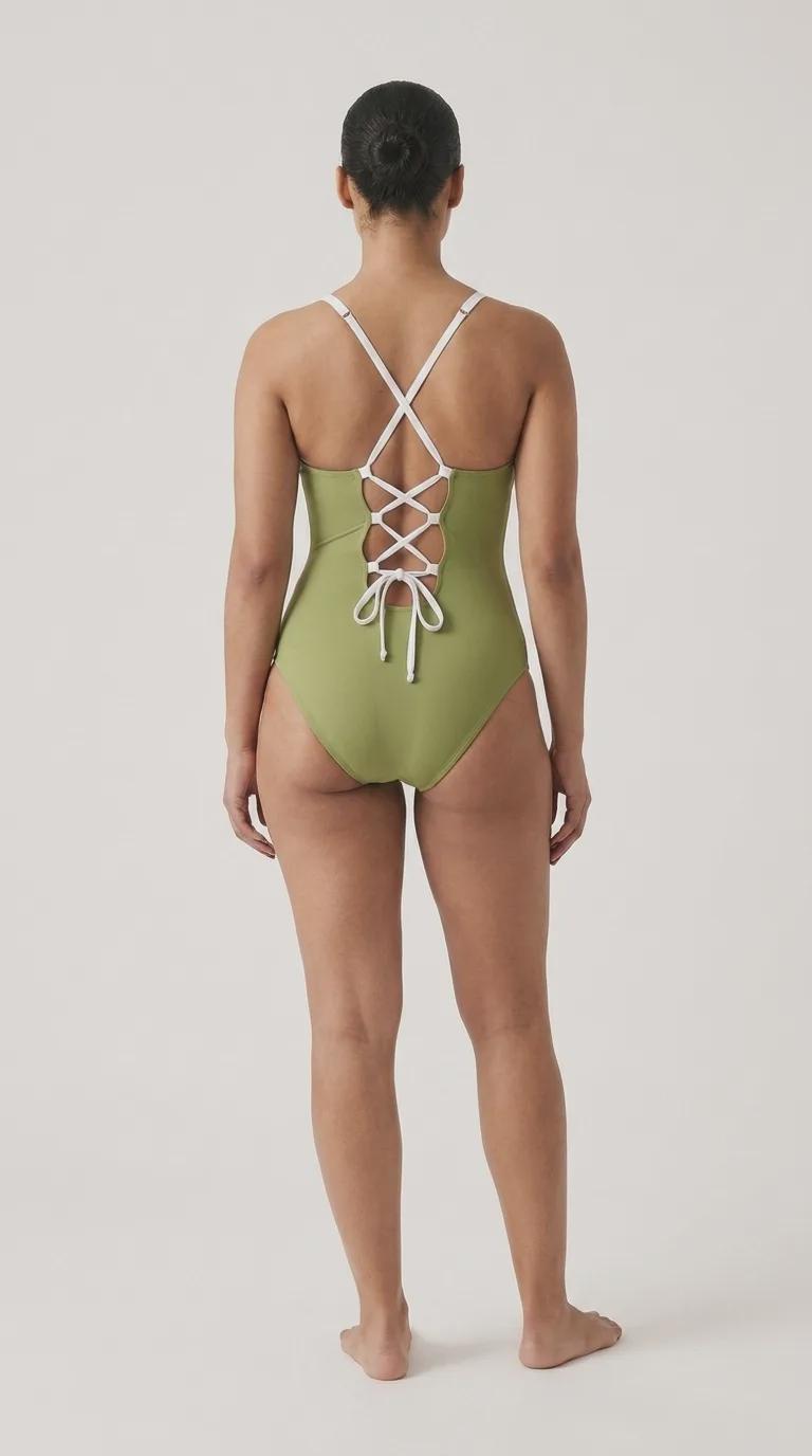 Retro Romantic Push-Up One-Piece Swimsuit with Lace-Up Back, Olive Green