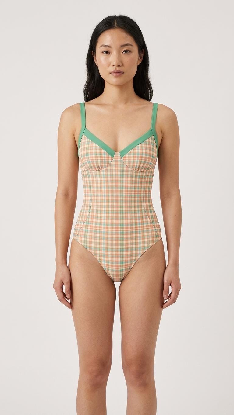 Retro Romantic Push-Up One-Piece Swimsuit with Lace-Up Back, Tartan with Green
