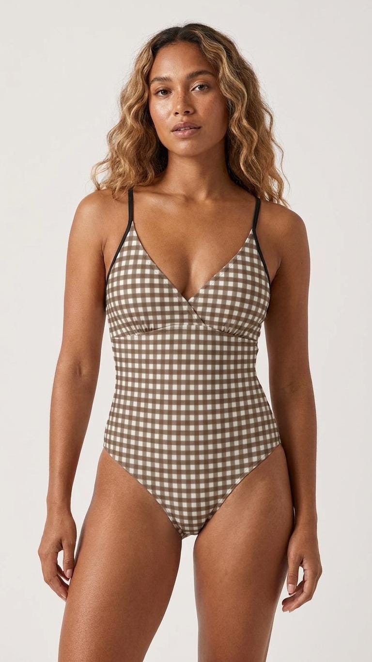 Retro Espresso Brown Gingham V-Neck Plunge One-Piece Swimsuit – Sporty, Adjustable Fit