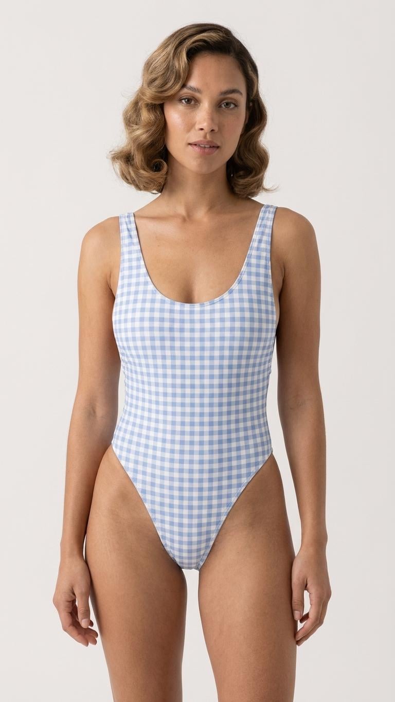 Gingham One-Piece Swimsuit – Cheeky High-Leg, Flattering Cut – Blue