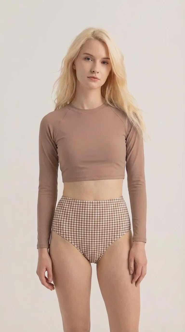 Retro Raglan Crop Top Bikini, High Waist Swimsuit, 70s Style, Soft Brown with Gingham