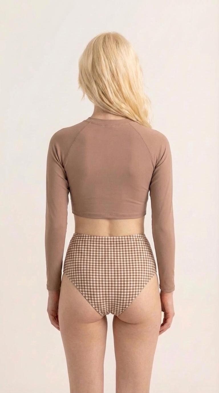Retro Raglan Crop Top Bikini, High Waist Swimsuit, 70s Style, Soft Brown with Gingham