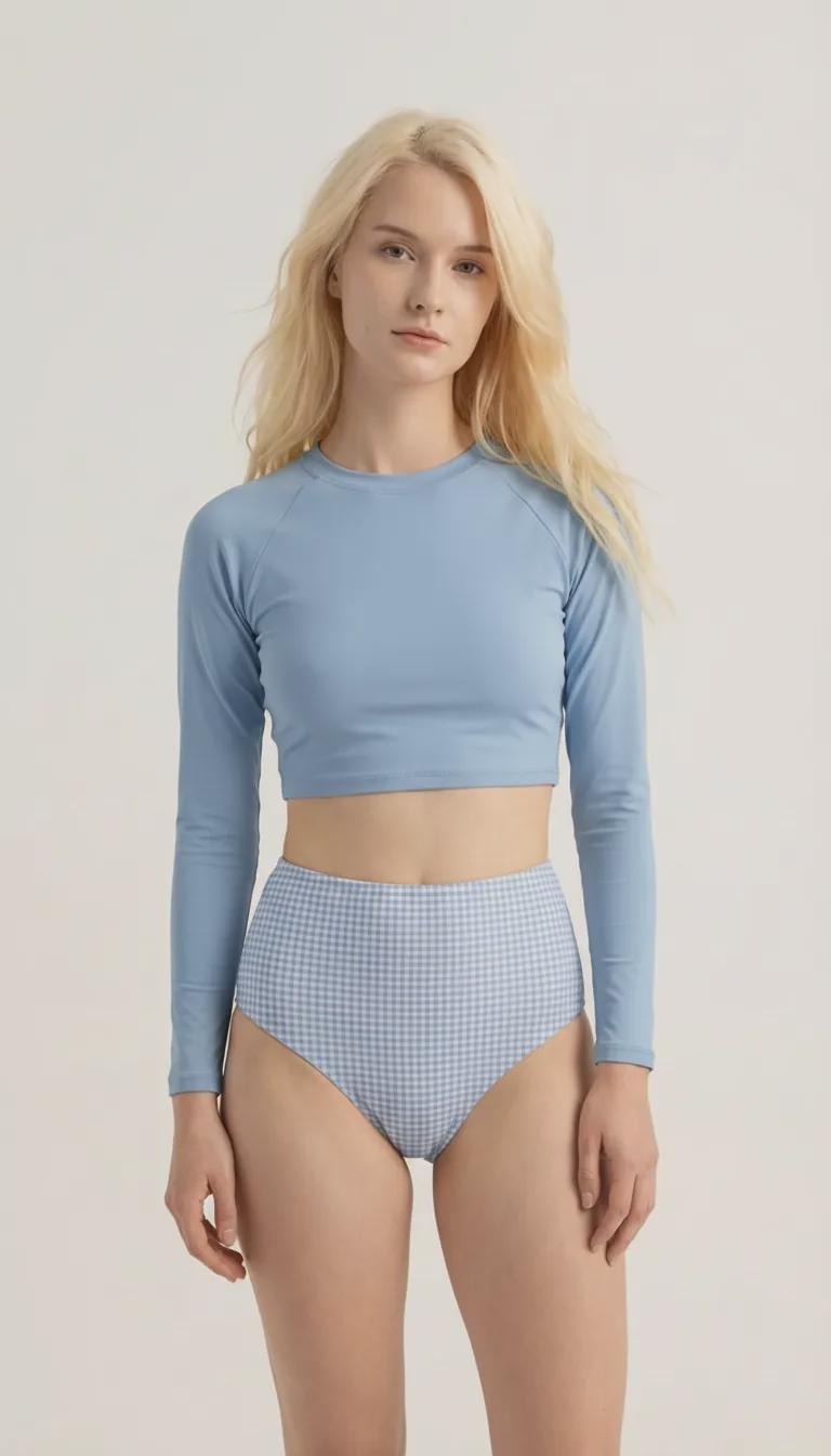 Retro Raglan Crop Top Bikini, High Waist Swimsuit, 70s Style, Powder Blue with Gingham