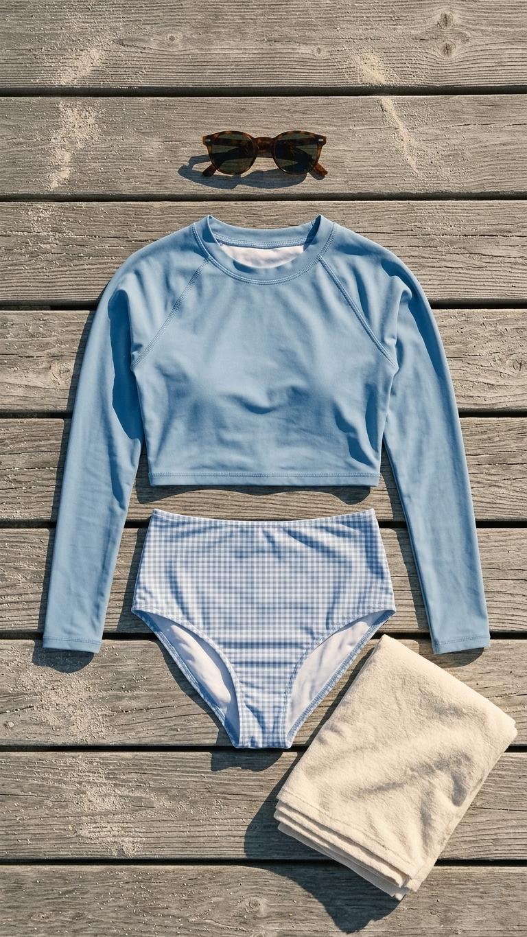 Retro Raglan Crop Top Bikini, High Waist Swimsuit, 70s Style, Powder Blue with Gingham