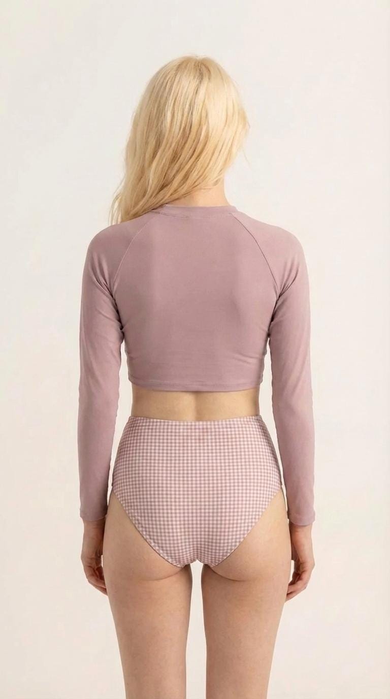 Retro Raglan Crop Top Bikini, High Waist Swimsuit, 70s Style, Mauve with Gingham