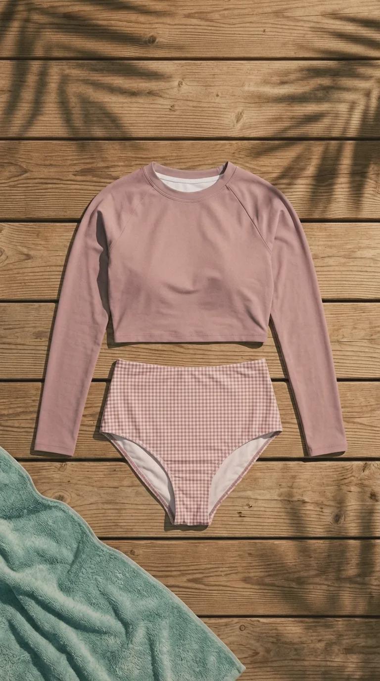 Retro Raglan Crop Top Bikini, High Waist Swimsuit, 70s Style, Mauve with Gingham