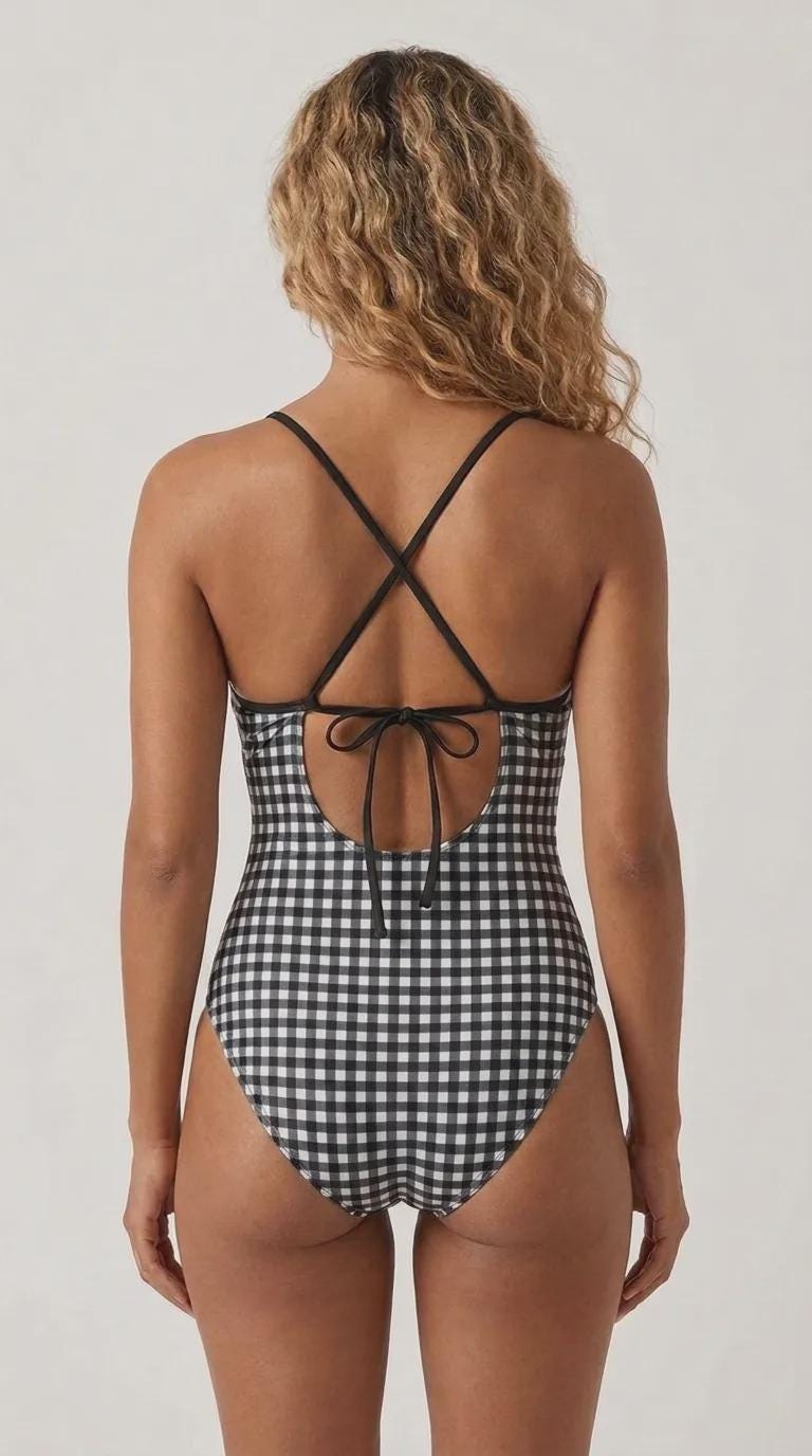 Retro Black Gingham V-Neck Plunge One-Piece Swimsuit – Sporty, Adjustable Fit