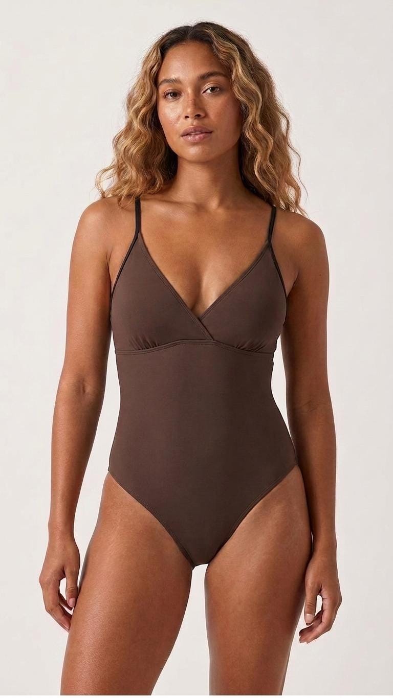 Retro Brown V-Neck Plunge One-Piece Swimsuit – Sporty, Adjustable Fit