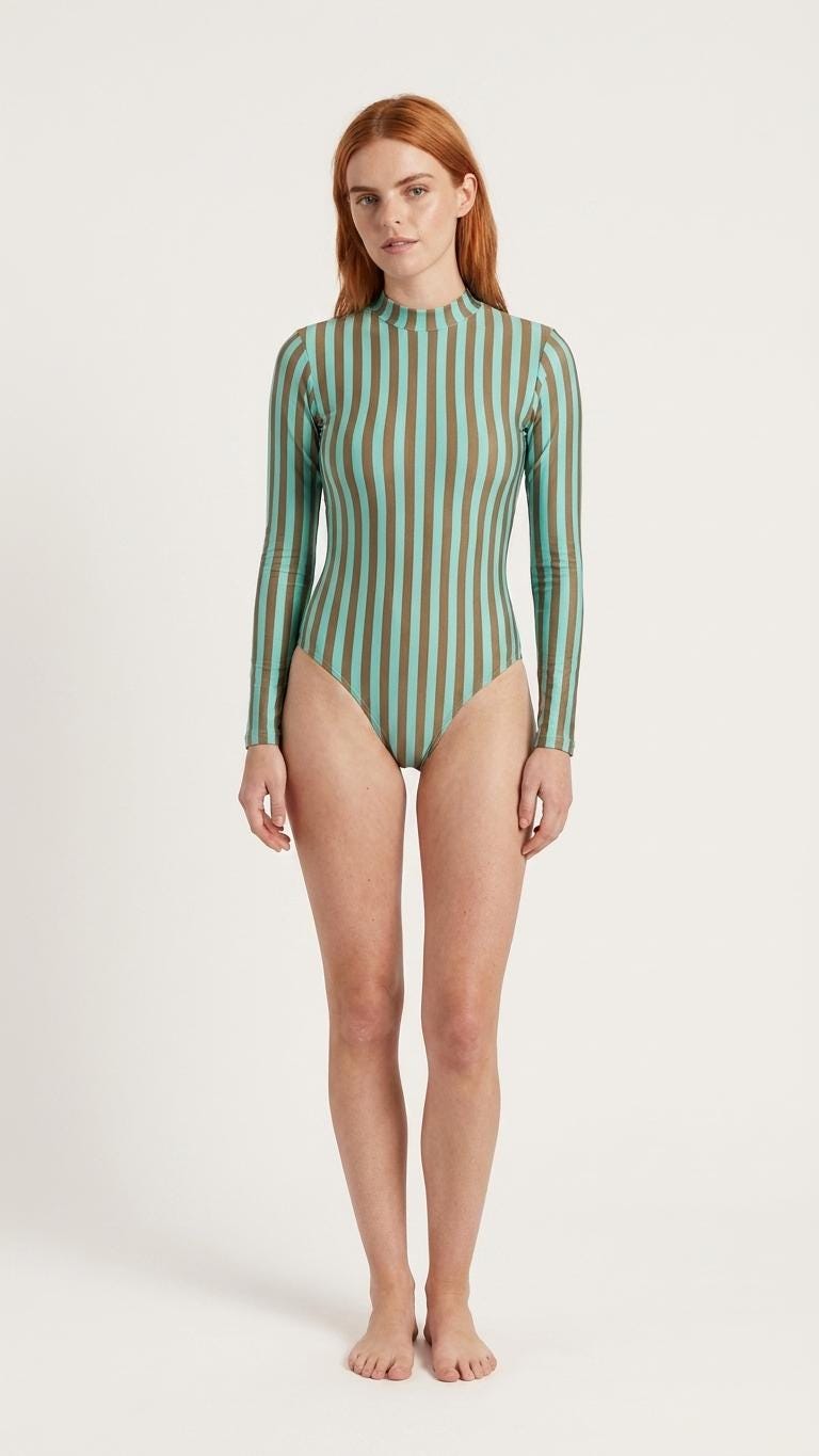 Striped Long Sleeve Open Back Swimsuit, One-Piece Surf Swimwear, Front Lined, Removable Padding