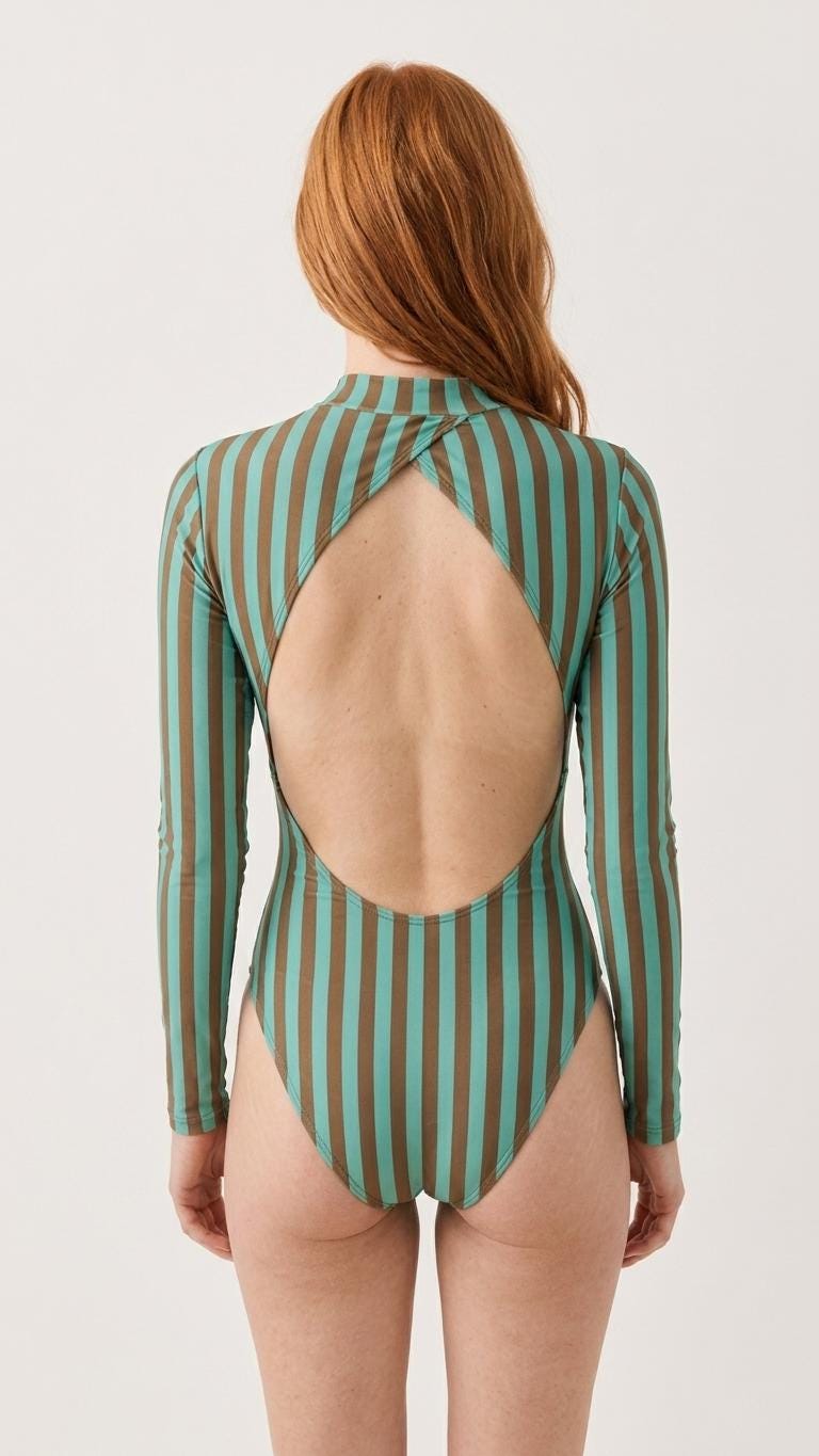 Striped Long Sleeve Open Back Swimsuit, One-Piece Surf Swimwear, Front Lined, Removable Padding