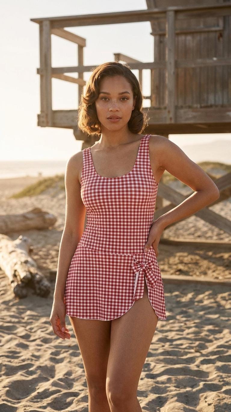 Retro Skirted One-Piece Swimsuit with Side Knot | Integrated Bottoms | Red Gingham