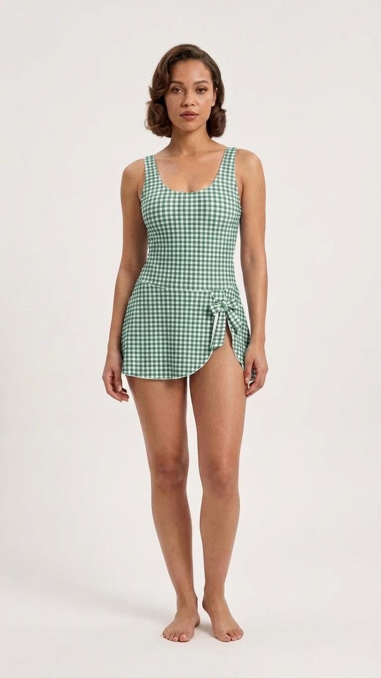 Retro Skirted One-Piece Swimsuit with Side Knot | Integrated Bottoms | Green Gingham