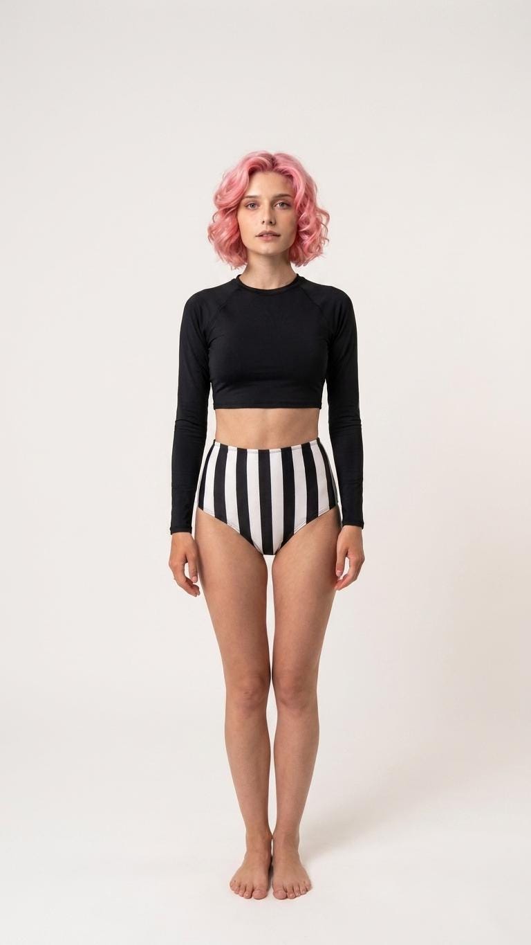 Retro Raglan Crop Top Bikini, High Waist Swimsuit, 60s Stripes in Black or White