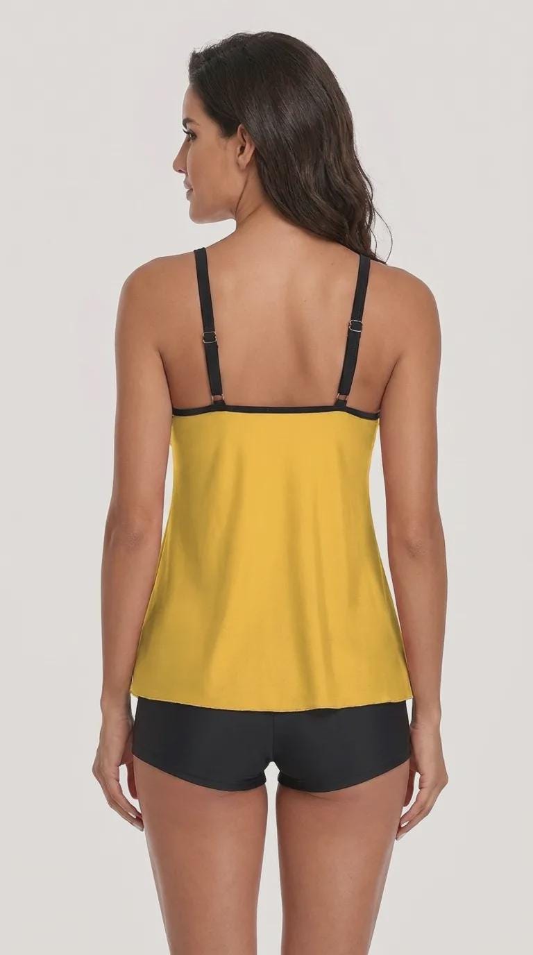 Black & Yellow Flowy Halter Tankini Set – Sleek Two-Piece Swimsuit with Boyshorts