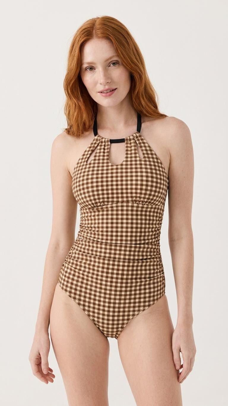 Halter Keyhole Cut-Out One-Piece Swimsuit, Lace-Up Back & Tummy Control, Retro Brown Gingham