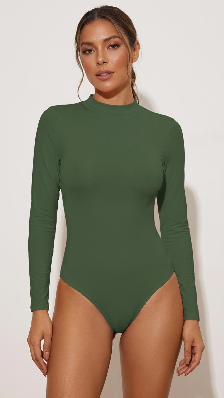 Dark Green Long Sleeve Open Back Swimsuit with Thumb Holes
