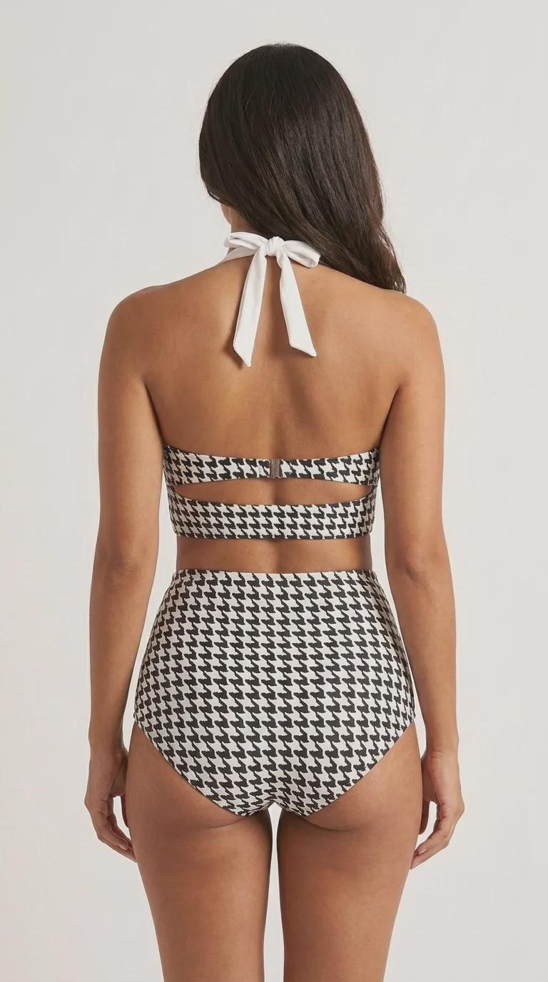 Vintage-Style High-Waisted Bikini | Retro Sweetheart Houndstooth Checkered Pin-Up Halter Ruched Two-Piece Swimsuit, Black & White