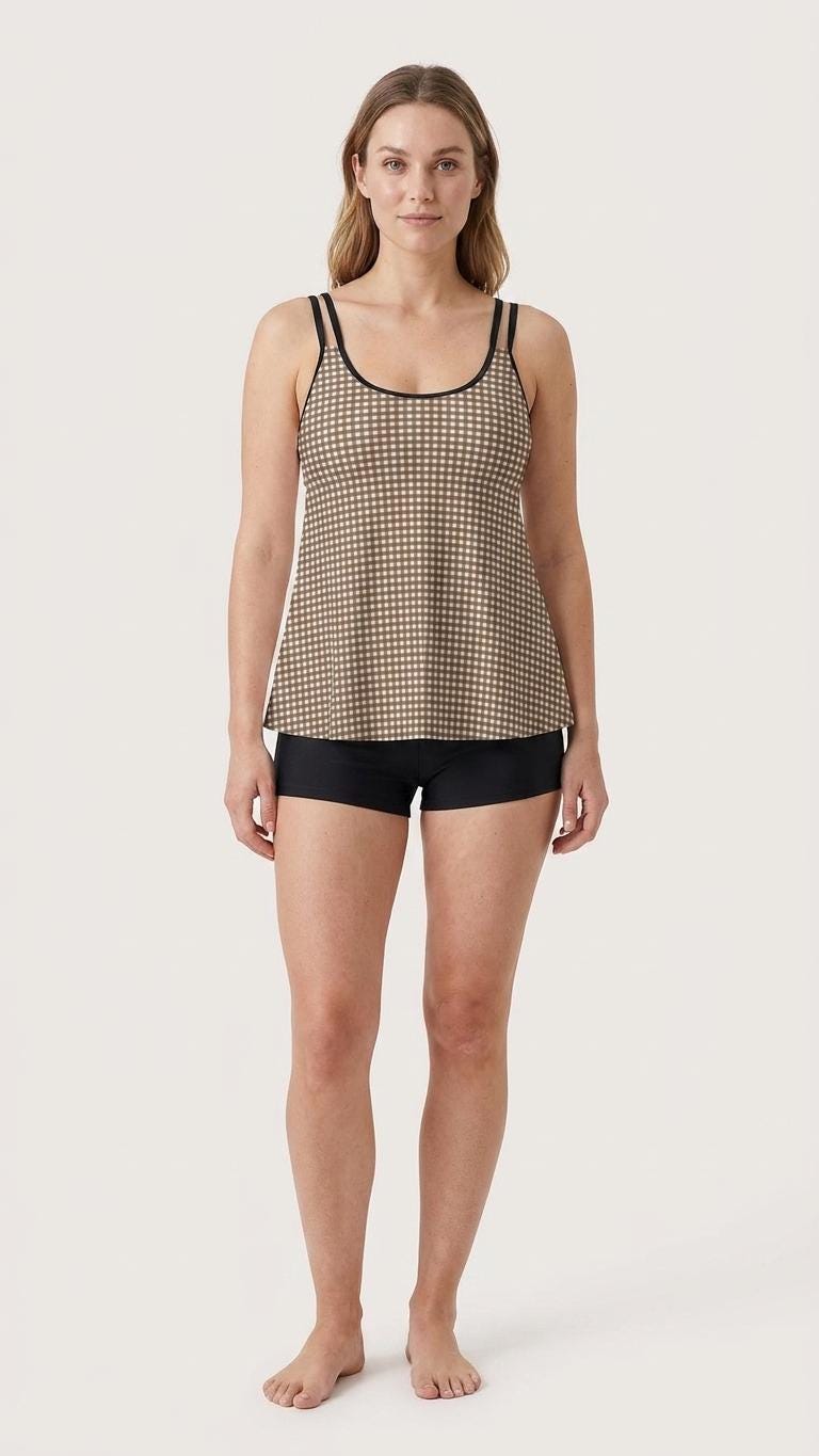 Flowy Halter Tankini Set – Sleek Two-Piece Swimsuit with Boyshorts - Brown Gingham